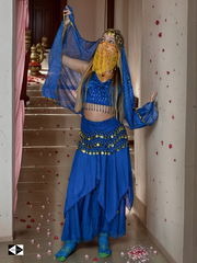 Индийский Костюм для танца Живота. Восточное синее платье Болливуд, вышитое монетами и золотыми блестками. Полный комплект 9 предметов.