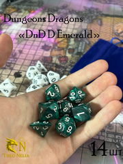 14шт Дайсы для НРИ «DnD D Emerald». Подземелья и драконы игральные кости 7+7. Кубики для ДнД изумрудные, атрибуты мастера ДнД.